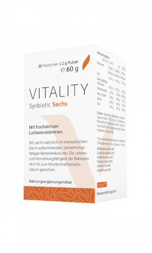 Vitality Synbiotic 6 enthält sechs wichtige, hochaktive Leitkeimstämme, die den Darm von oben bis unten besiedeln.